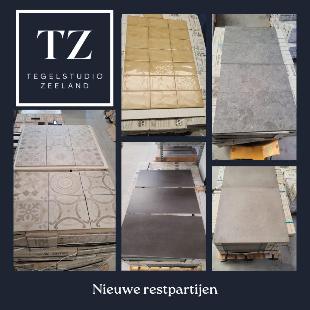 Nieuwe restpartijen vloertegels en wandtegels Nieuwe restpartijen tegels (vloertegels en wandtegels) in het verkoopmagazijn van Tegelstudio Zeeland in Vlissingen