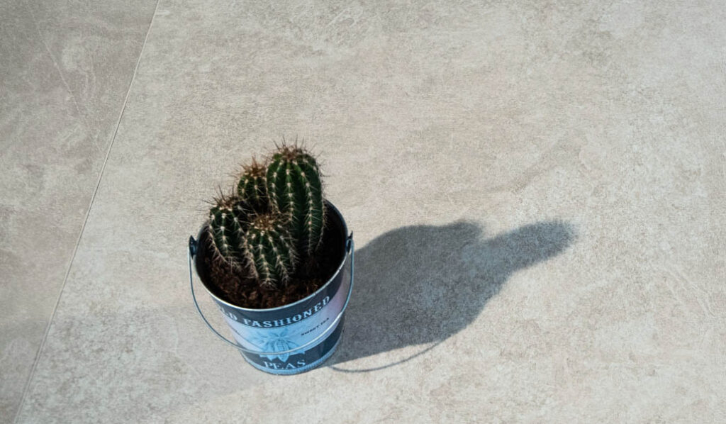 Impressie van natuursteenlook tegels (Sabbia 60x60 cm) in het verkoopmagazijn van Tegelstudio Zeeland in Vlissingen