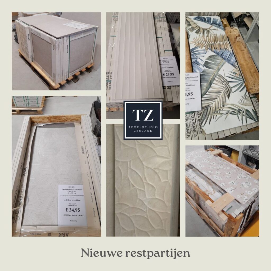 Nieuwe restpartijen nov 3 Nieuwe restpartijen tegels (vloertegels en wandtegels) in het verkoopmagazijn van Tegelstudio Zeeland in Vlissingen