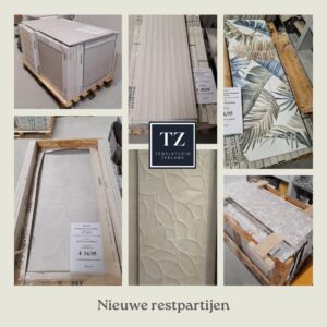 Nieuwe restpartijen tegels (vloertegels en wandtegels) in het verkoopmagazijn van Tegelstudio Zeeland in Vlissingen