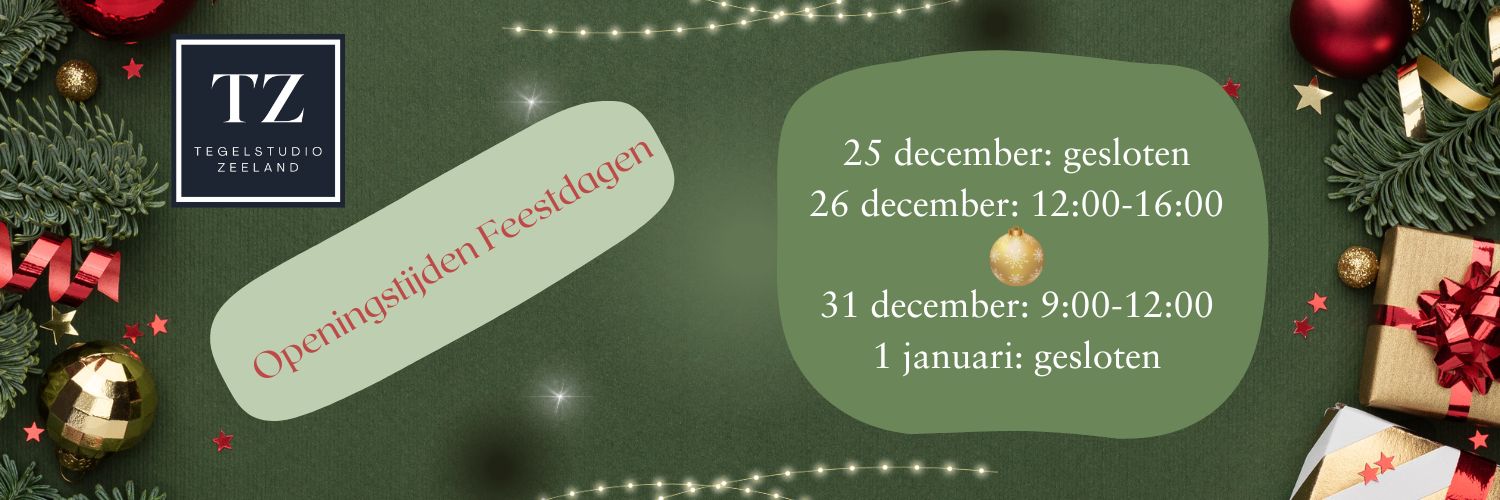 Feestdagen 2025 (1500 x 500 px) Website banner voor de openingstijden van Tegelstudio Zeeland rond de feestdagen
