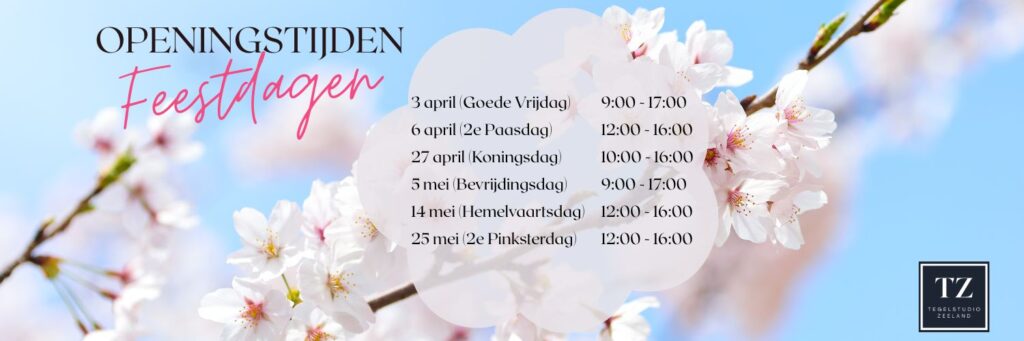 Openingstijden feestdagen voorjaar 2026 De openingstijden van Tegelstudio Zeeland voor Goede Vrijdag, Pasen, Koningsdag, Bevrijdingsdag, Hemelvaart en Pinksteren