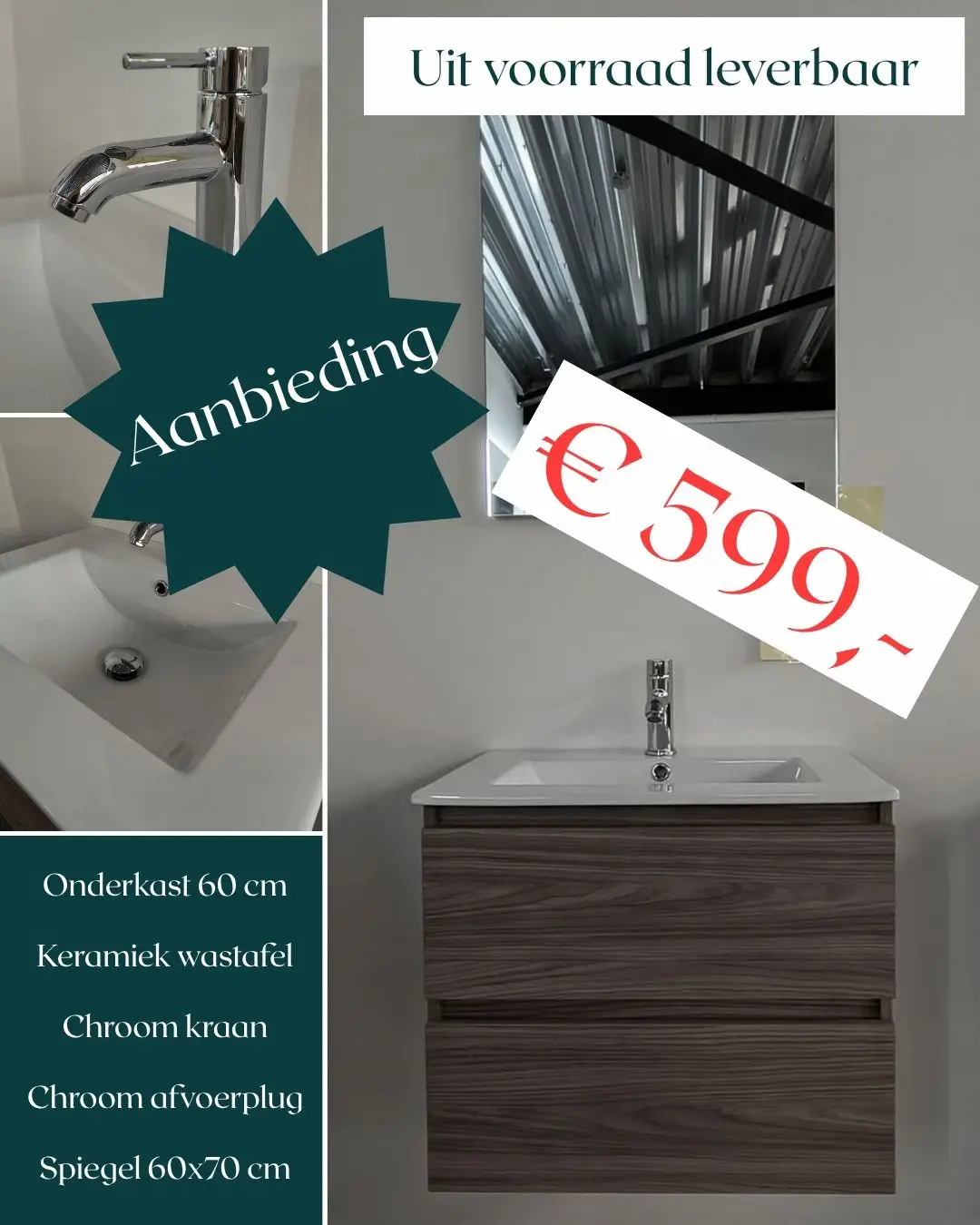 Aanbieding bij Tegelstudio Zeeland in Vlissingen: Wastafel onderkast van 60 cm met keramiek wastafel, spiegel van 60x70 cm, chroom wastafelkraan en chroom afvoerplug. Uit voorraad leverbaar